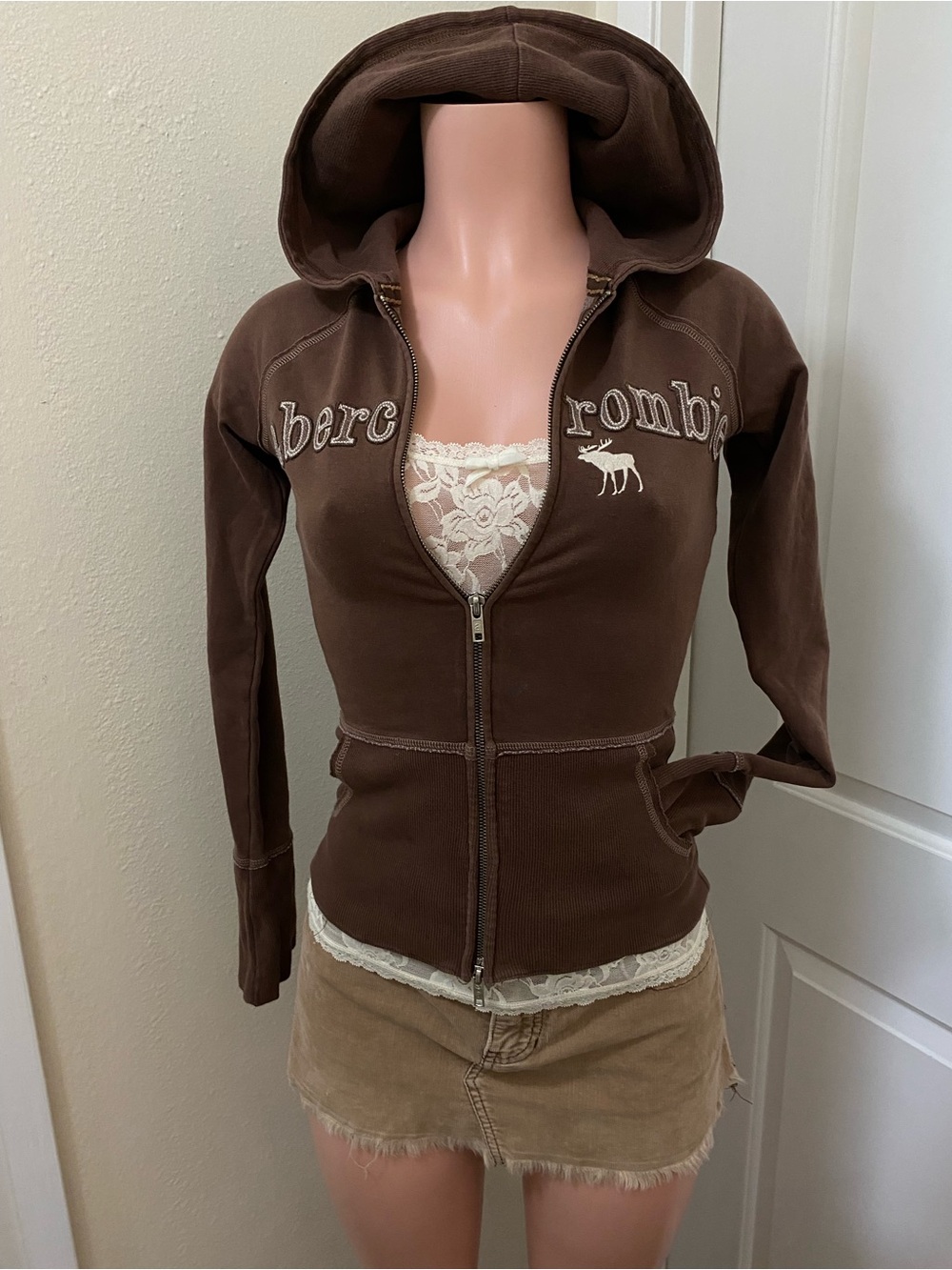 Y2k Vintage Abercrombie brown double zip up hooded sweater - Picture 13 of 16